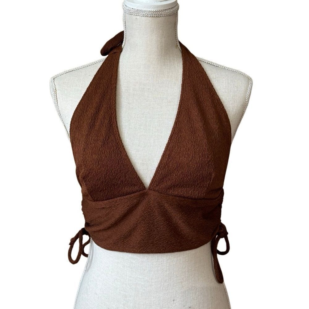 Women's Halter Neck Crop Top Boho Brown V Neck Top / Bikini Size Medium